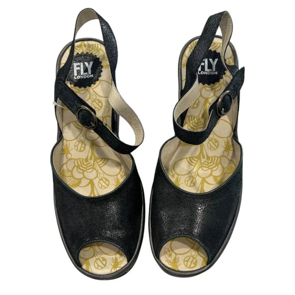 Fly London Yora Women's Black Leather Wedge Sandals Rubber Sole sz. 40